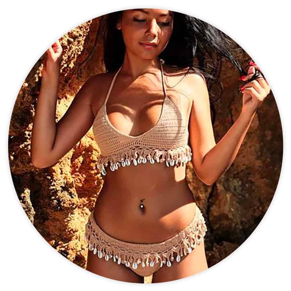 Badetøj Bikini Med Muslinger Brasiliansk Hæklet I Beige