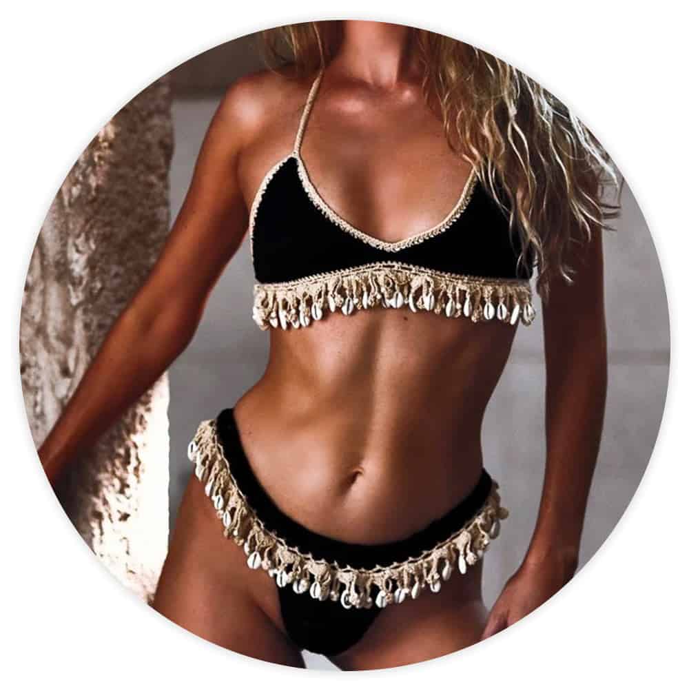 Badetøj Bikini Med Muslinger Brasiliansk Hæklet I Sort