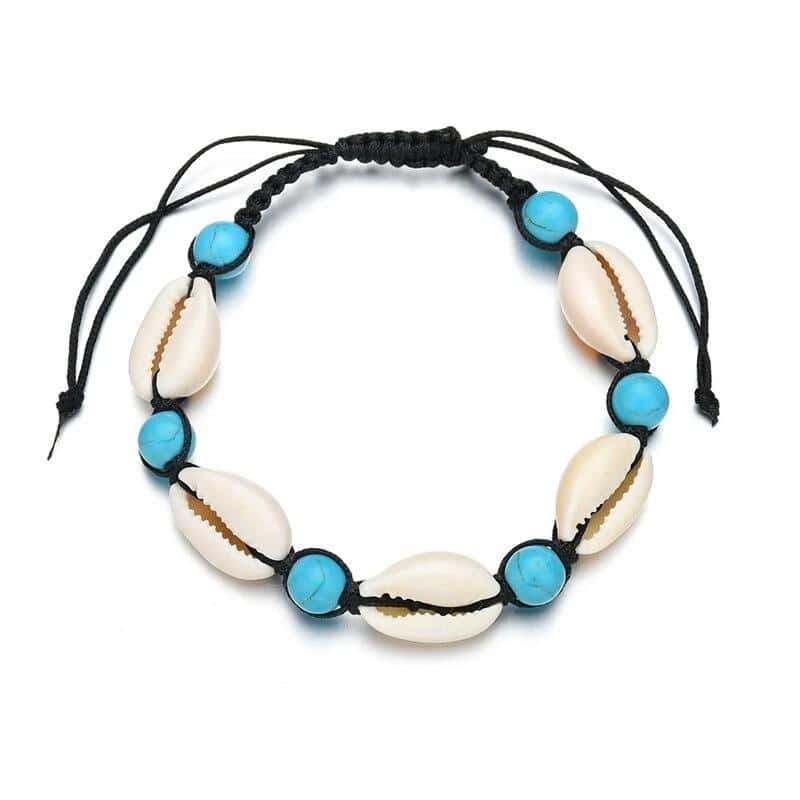Muslinge Armbånd Cowrie, Blå Perler Og Sort Snor