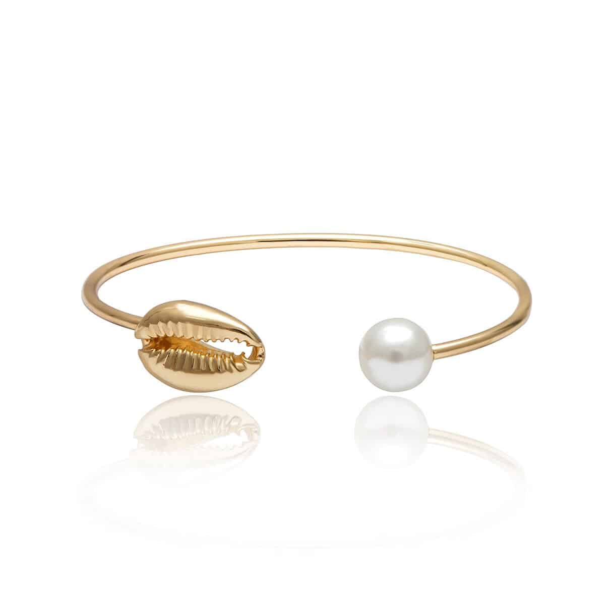 Muslinge Armbånd Cowrie Og Hvid Perle (Gylden)