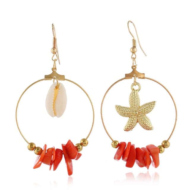 Muslinge Øreringe Cowrie, Starfish Og Red Stones Hoop Øreringe