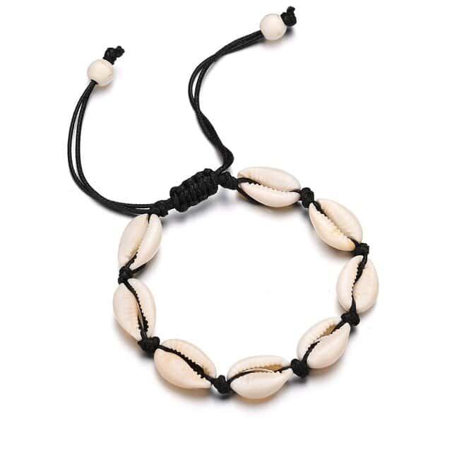 Muslinge Armbånd Cowrie Og Sort Snor