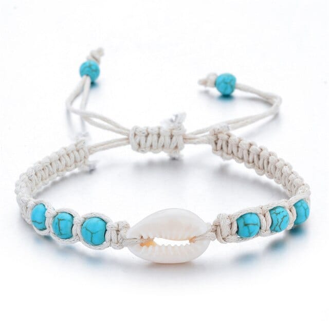Muslinge Armbånd Hvide Cowrie Og Blå Perler